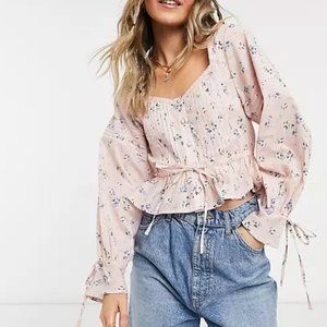 ASOS Pink Floral Pleated Sleeve Blouse